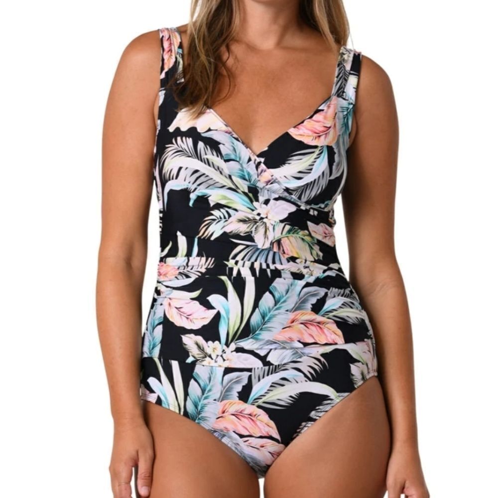 Jantzen Womens Draped Surplice Va Neck Floral One Piece Swimsuit 10